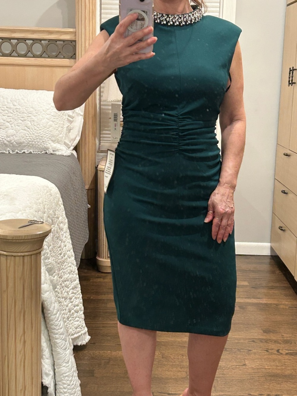 Sleeveless Teal Ruched Sheath Dress with Embellished Collar. New size 6
